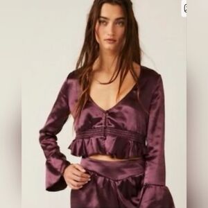 Free People Chasing Love Deep Purple Satin Ruffle Top.
